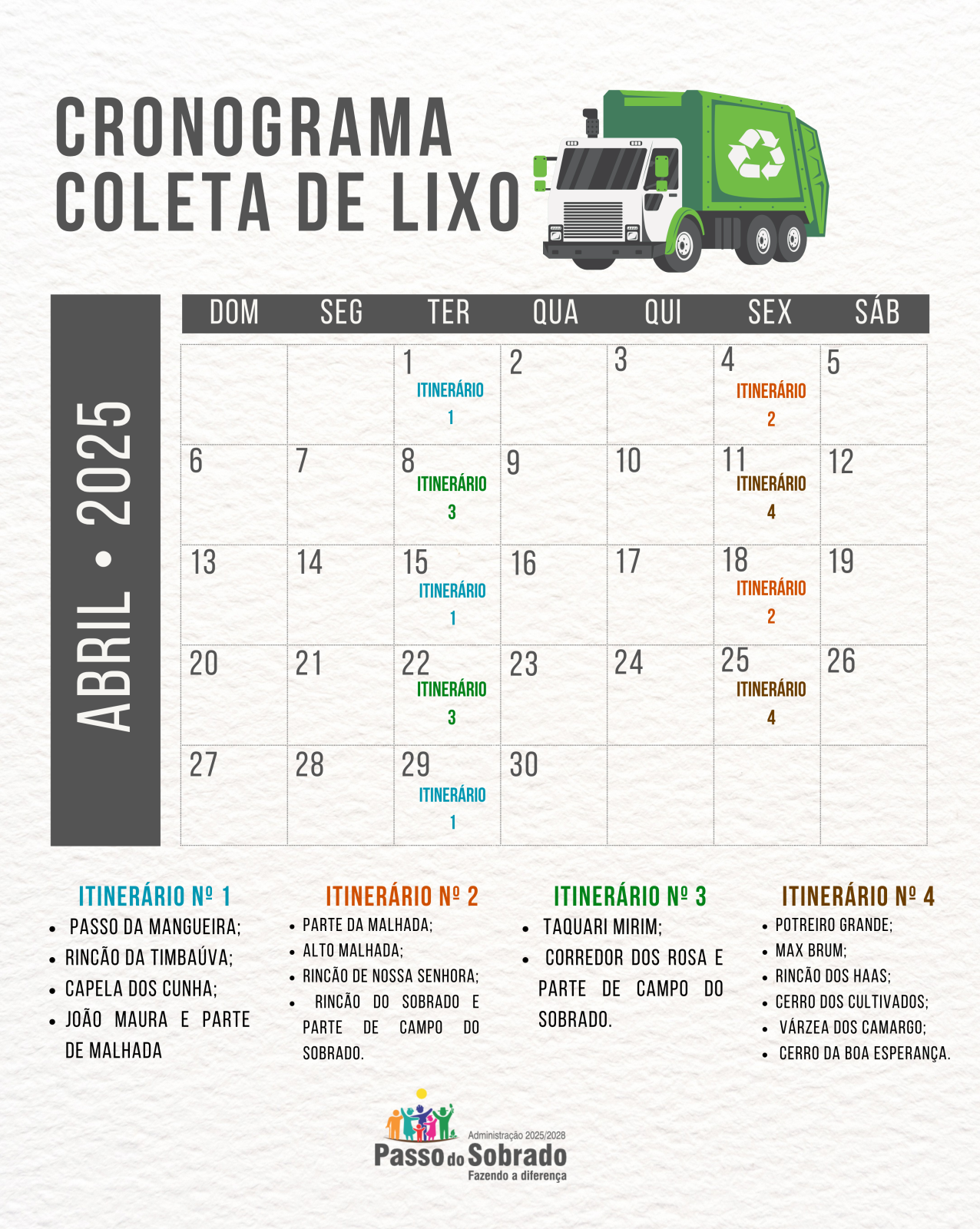 CRONOGRAMA DA COLETA DE LIXO NO INTERIOR EM ABRIL DE 2025