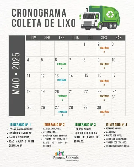 CRONOGRAMA DA COLETA DE LIXO NO INTERIOR