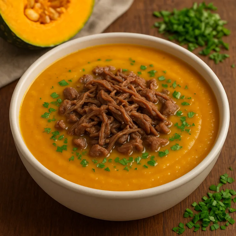 Sopa creme de abóbora cabotiã com carne