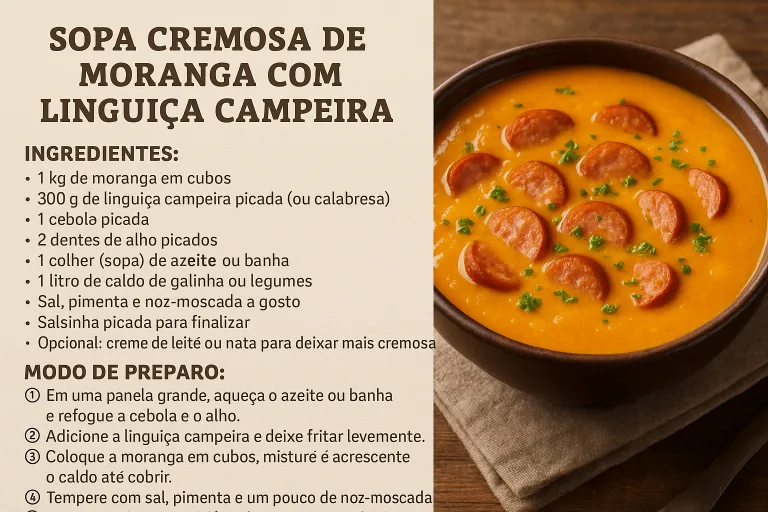 Sopa cremosa de moranga com linguiça campeira