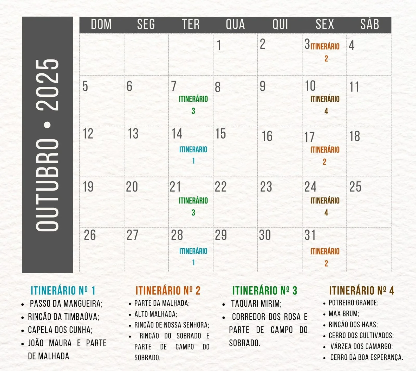 Cronograma da Coleta de Lixo no Interior – Outubro