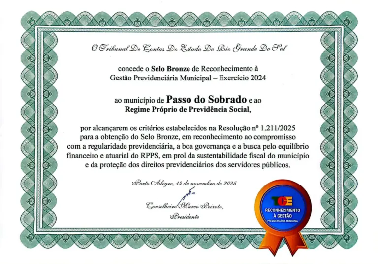 Passo do Sobrado recebe selo bronze do
TCE pela gestão previdenciária