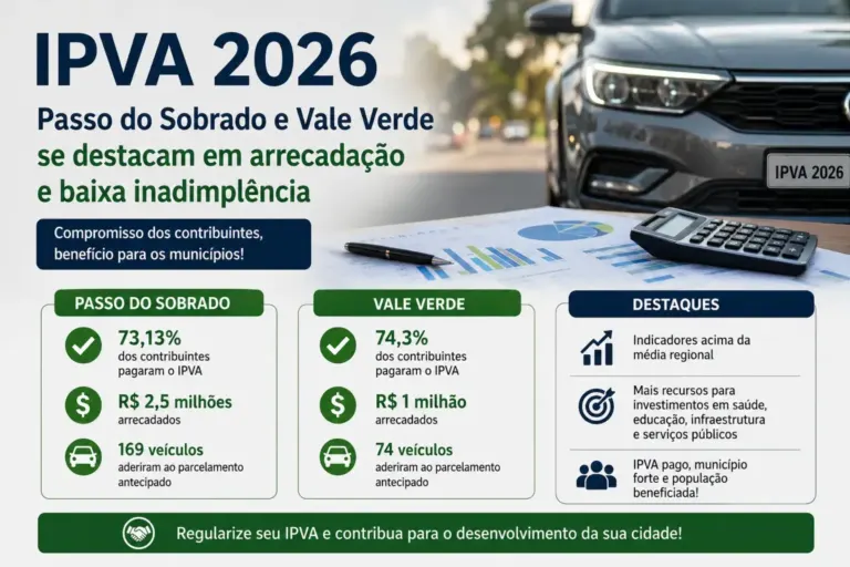 Análise do IPVA 2026: Passo do Sobrado e Vale Verde se destacam em arrecadação e baixa inadimplência