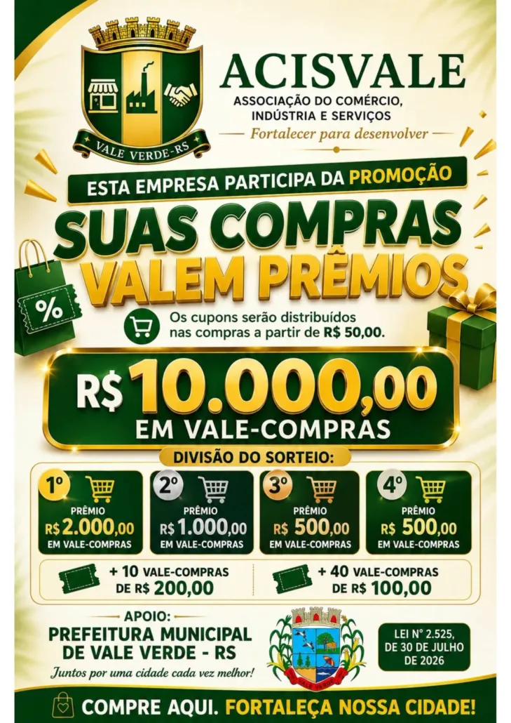 Acisvale lança campanha com R$ 10 mil em prêmios para consumidores de Vale Verde