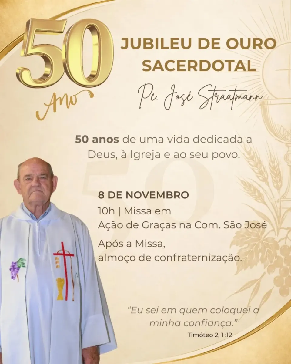Padre José Inácio Straatmann celebrará 50 anos de sacerdócio com missa e almoço festivo